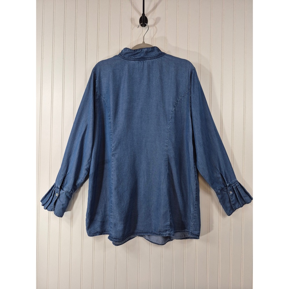 Soft Surroundings Women 1X Blue Chambray Ruffle Neck Cuff Denim Tunic Top Flowy - Picture 2 of 9